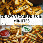 Golden Air Fryer Veggie Fries of sliced parsnips styled with seasoning and dip on a rustic plate.